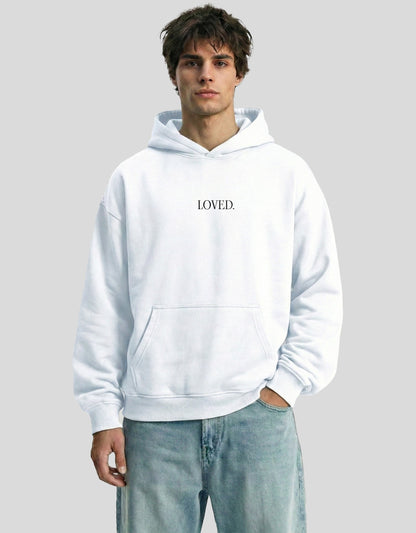 White LOVED oversized hoodie front view with minimalist text graphic - premium cotton Heistt streetwear