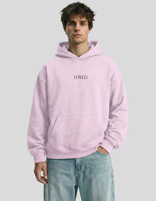 Pink LOVED oversized hoodie front view with minimalist text graphic - premium cotton Heistt streetwear