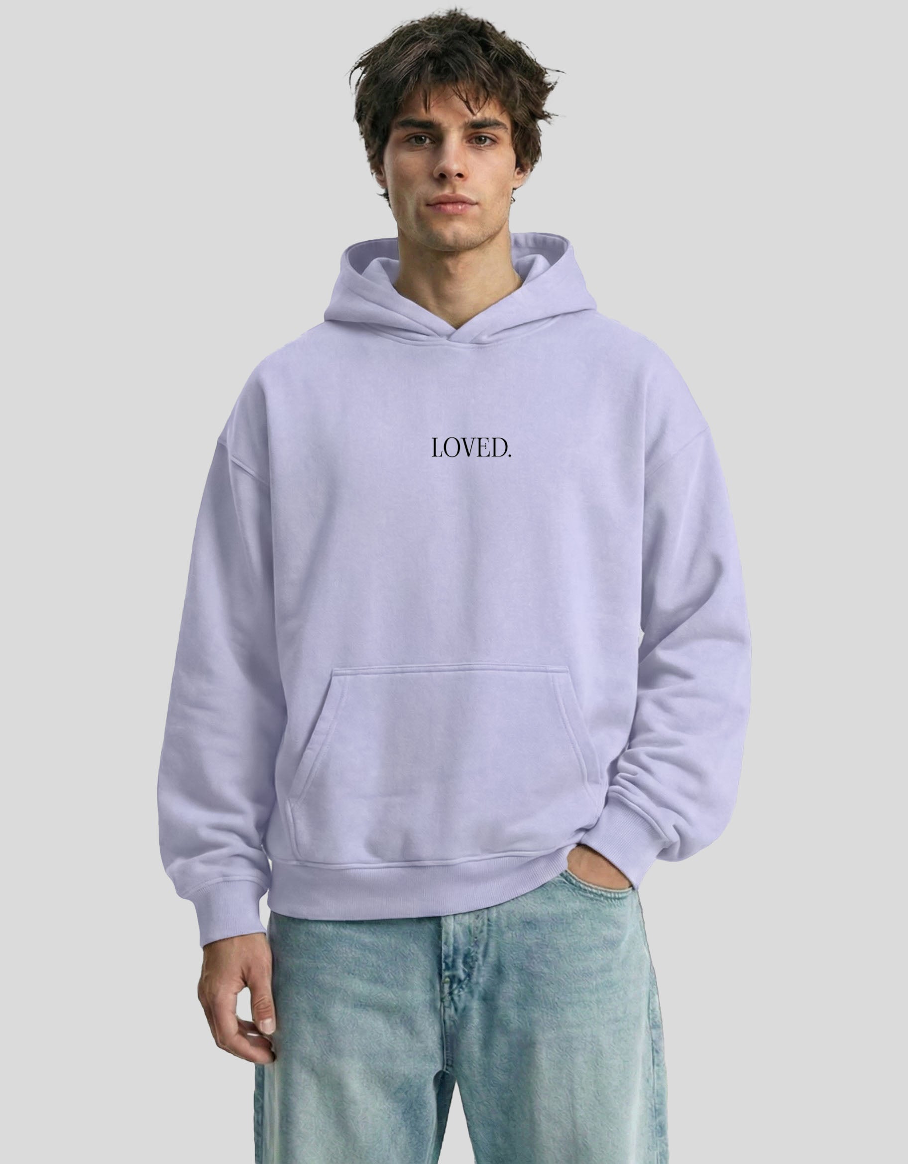 Lavender LOVED oversized hoodie front view with minimalist text graphic - premium cotton Heistt streetwear