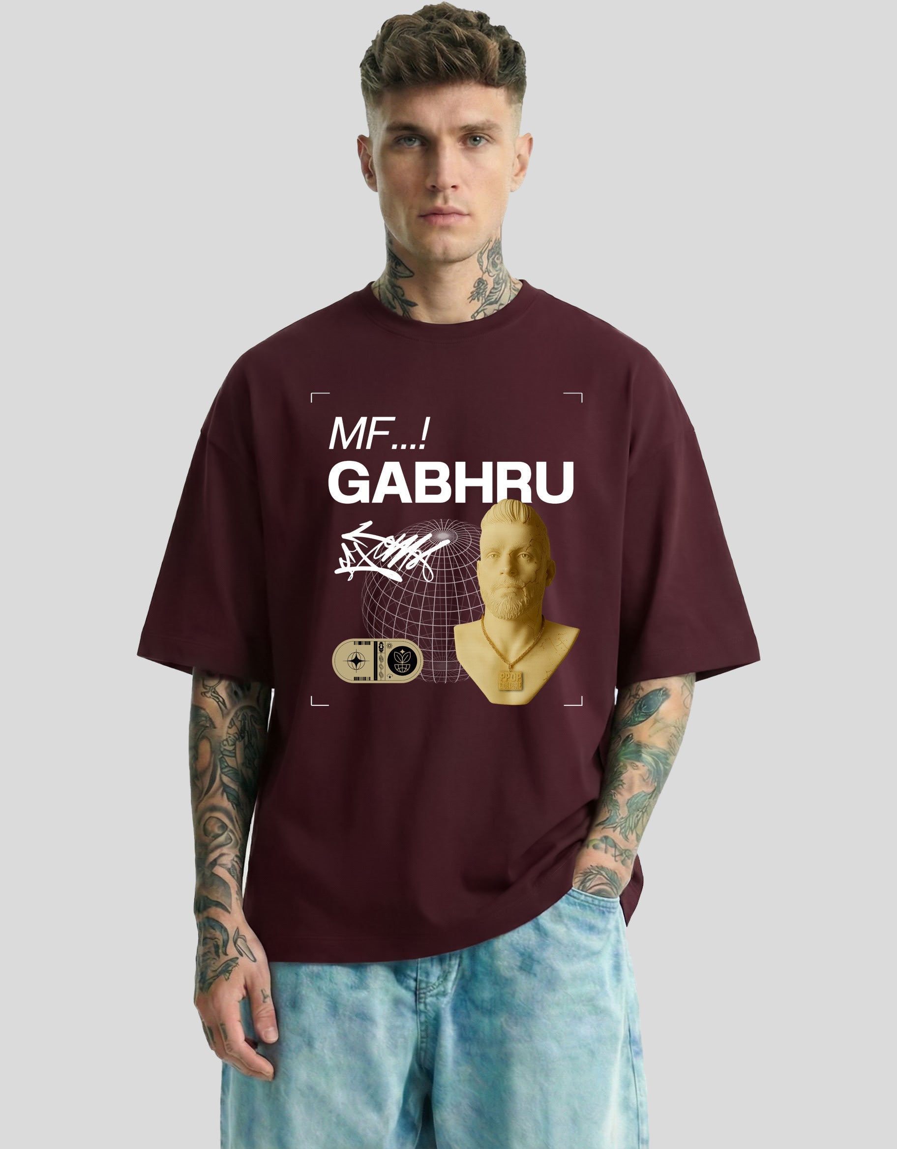 Maroon oversized graphic tee with MF GHABRU text and Punjabi pride design - Heistt streetwear