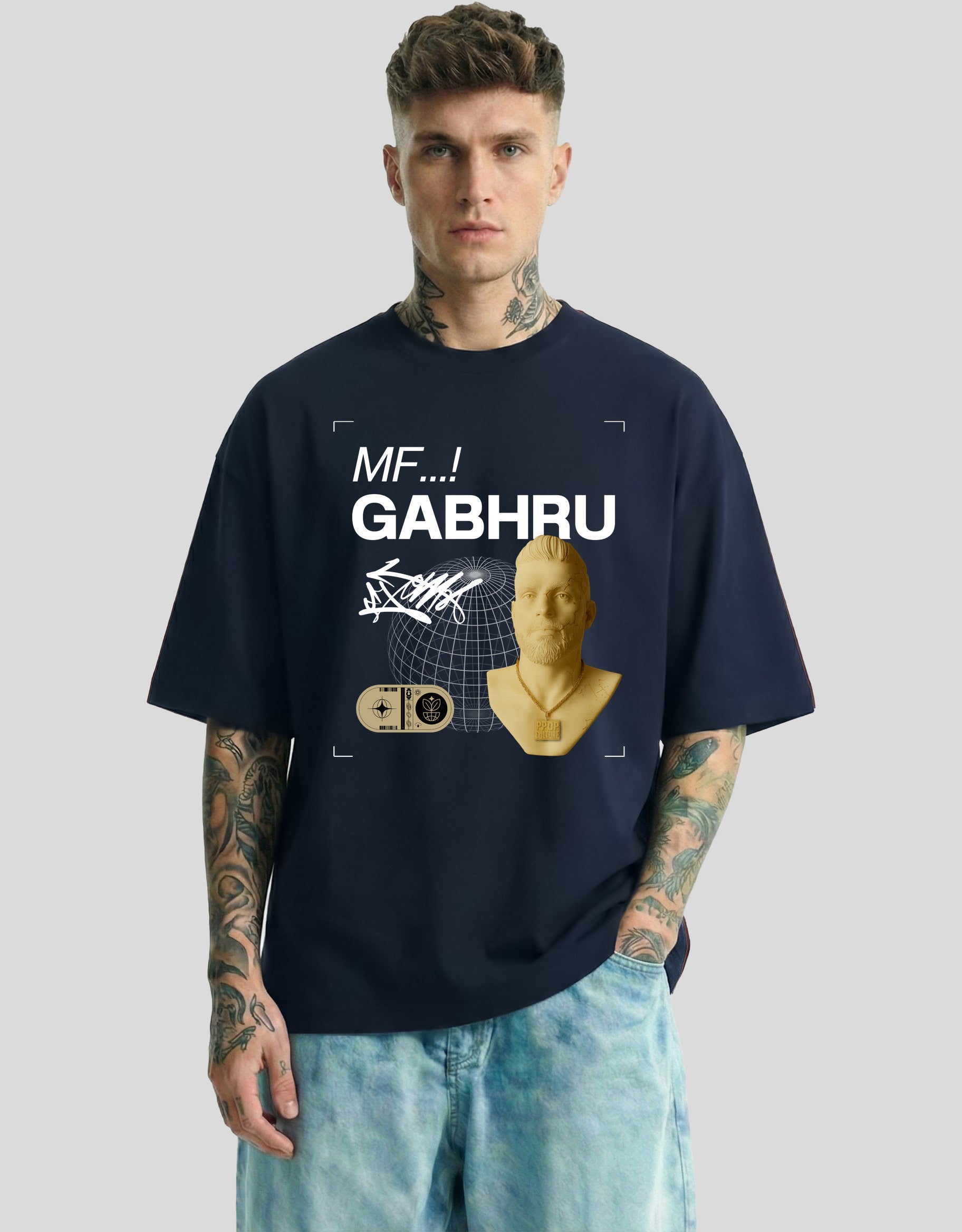 Navy blue oversized graphic tee with MF GHABRU text and Punjabi pride design - Heistt streetwear