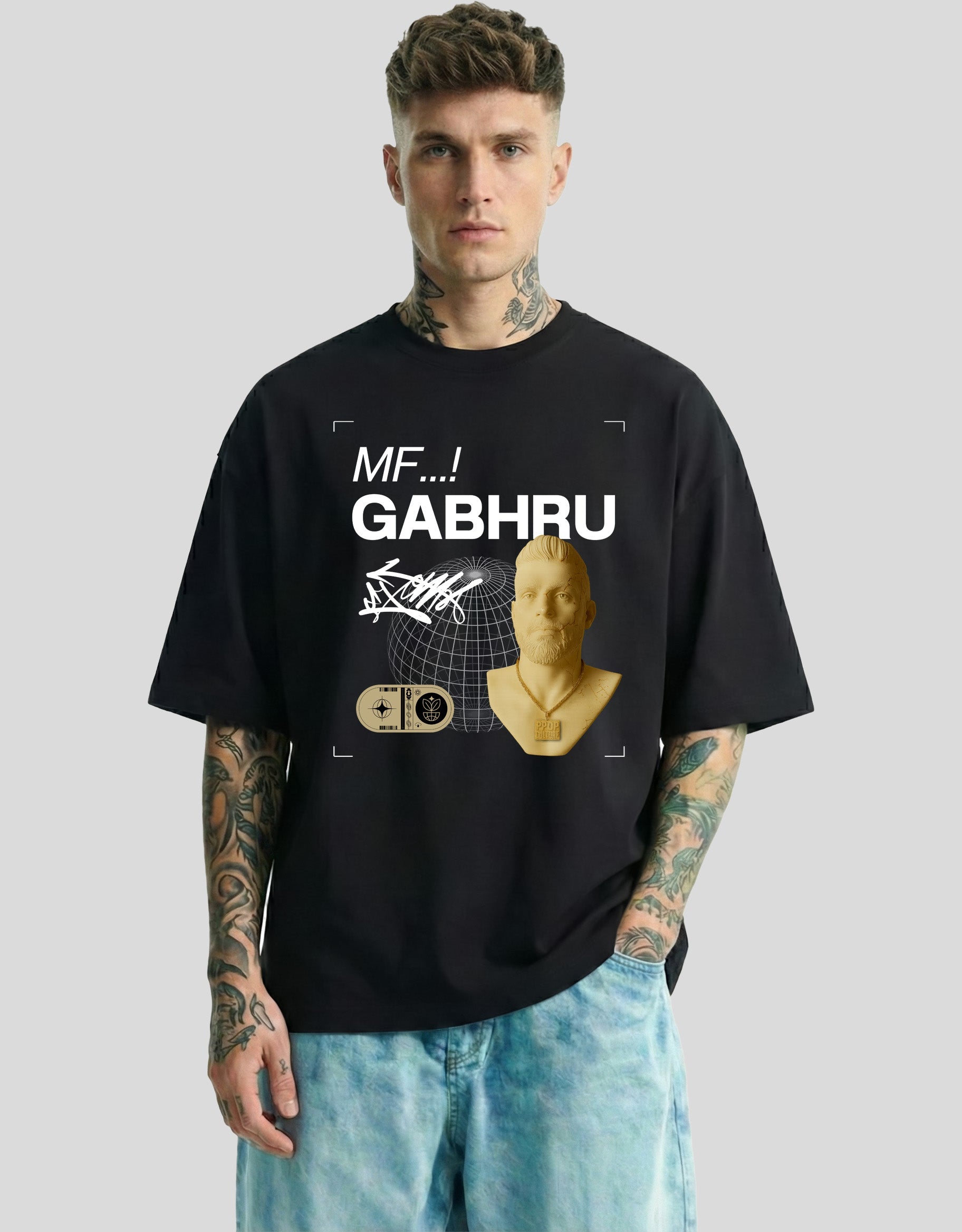Black oversized graphic tee with MF GHABRU text and Punjabi pride design - Heistt streetwear