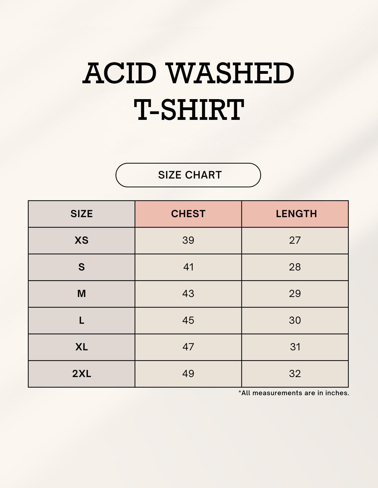 TRUST YOURSELF cloud oversized tee size chart - acid washed measurements guide for Heistt