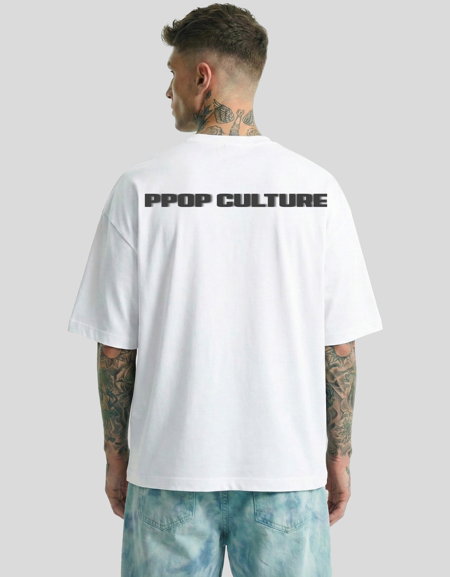 White oversized tee back view with PPOP CULTURE text print - Heistt streetwear
