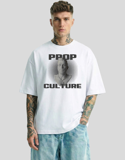 White oversized graphic tee with PPOP CULTURE text and pop art print - Heistt streetwear