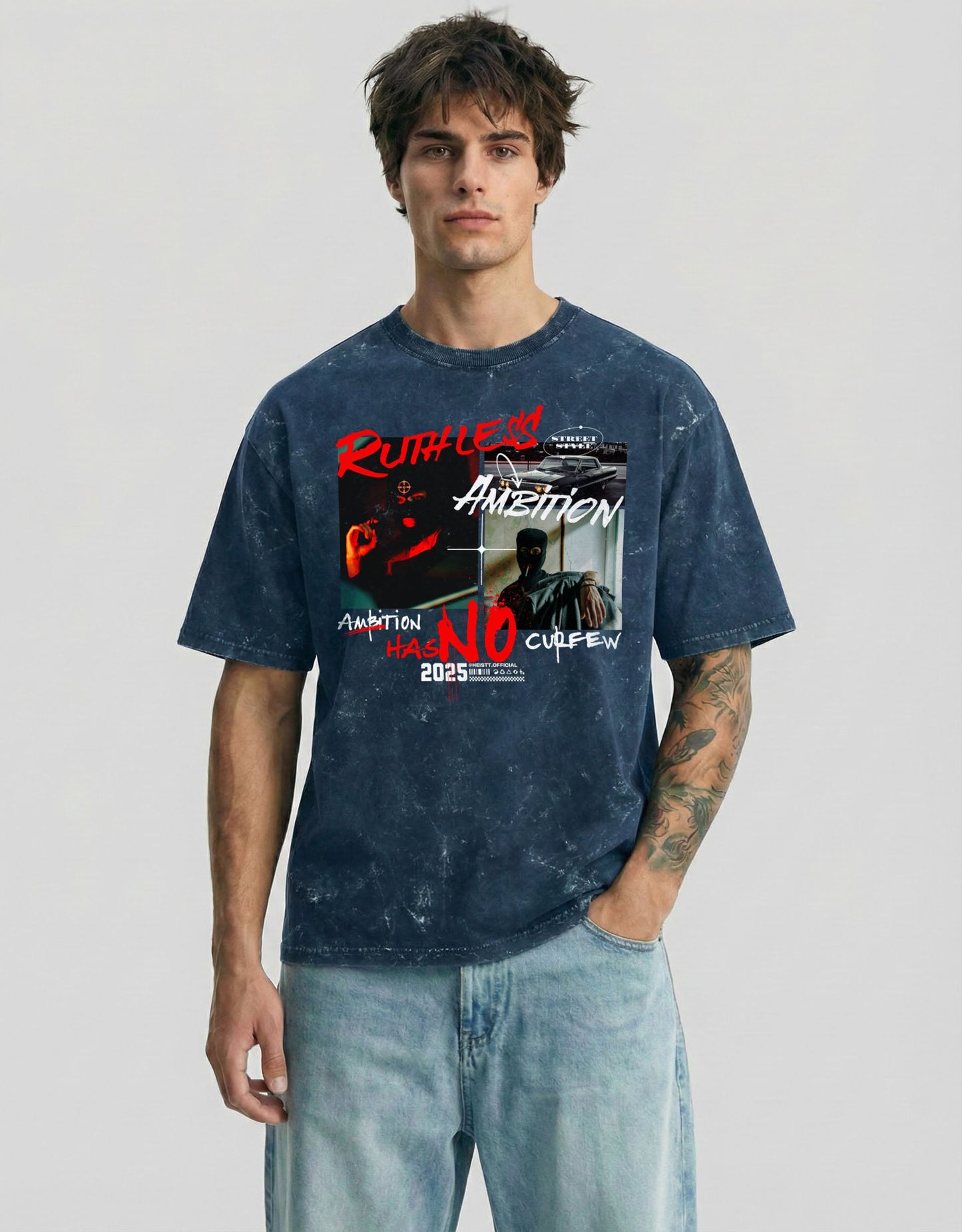 Carbon fade acid-washed cloud oversized tee with RUTHLESS AMBITION graphic - Heistt streetwear