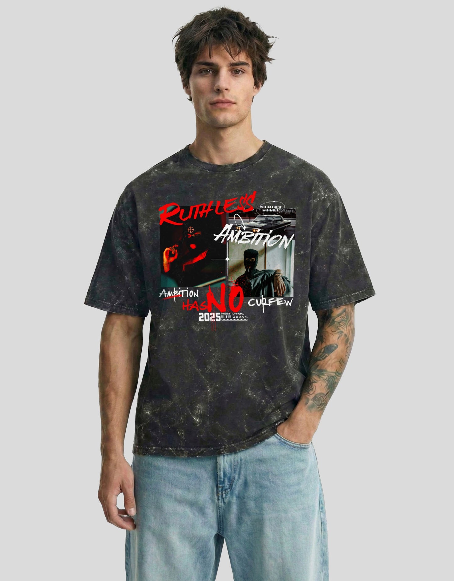 Olive fade acid-washed cloud oversized tee with RUTHLESS AMBITION graphic - Heistt streetwear