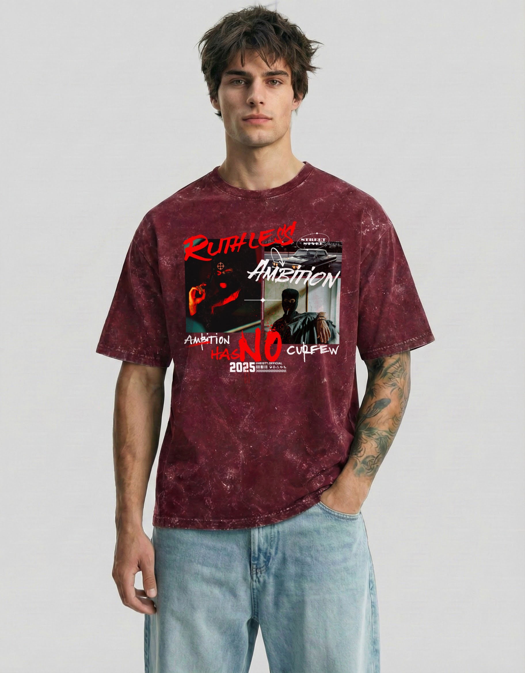 Mars fade acid-washed cloud oversized tee with RUTHLESS AMBITION graphic - Heistt streetwear