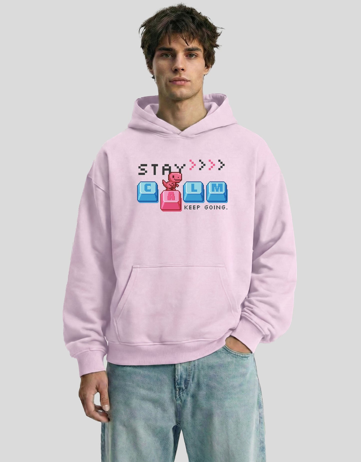 Pink STAY CALM oversized hoodie front view with keyboard graphic - premium cotton Heistt streetwear
