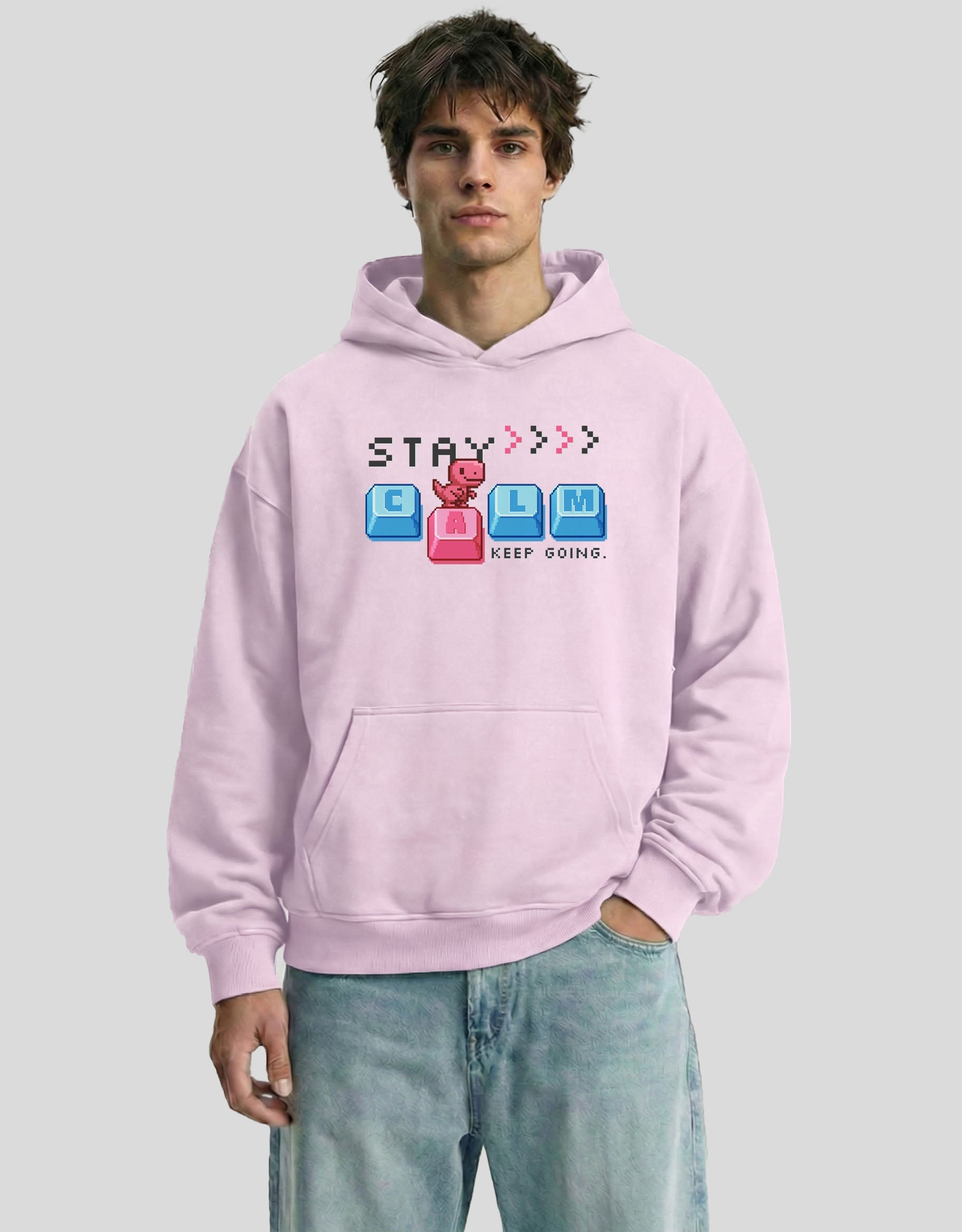 Pink STAY CALM oversized hoodie front view with keyboard graphic - premium cotton Heistt streetwear
