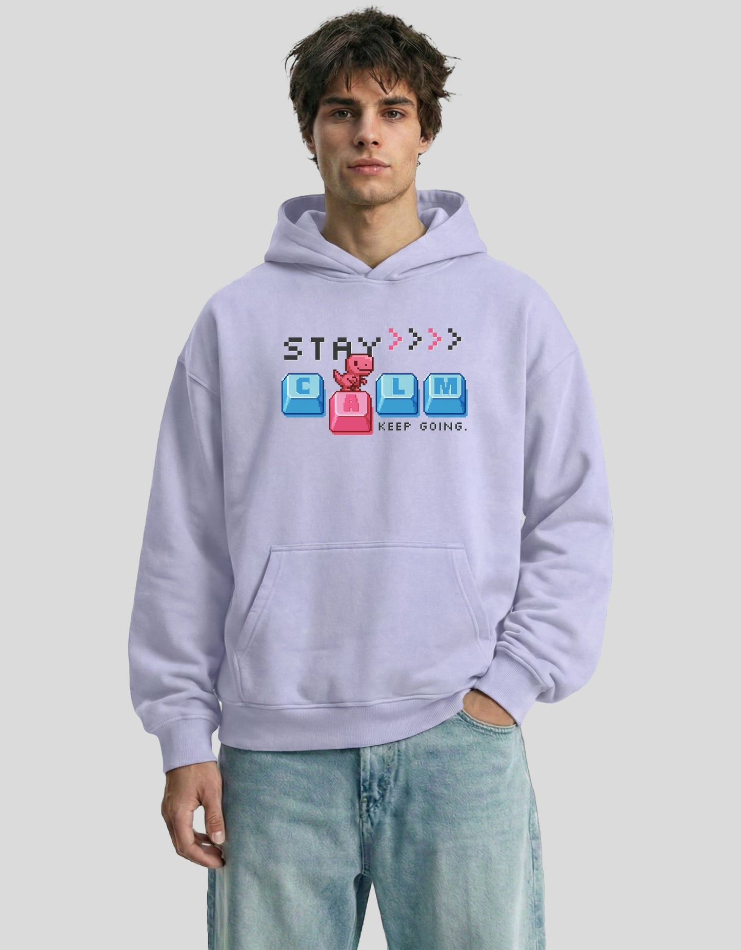 Lavender STAY CALM oversized hoodie front view with keyboard graphic - premium cotton Heistt streetwear