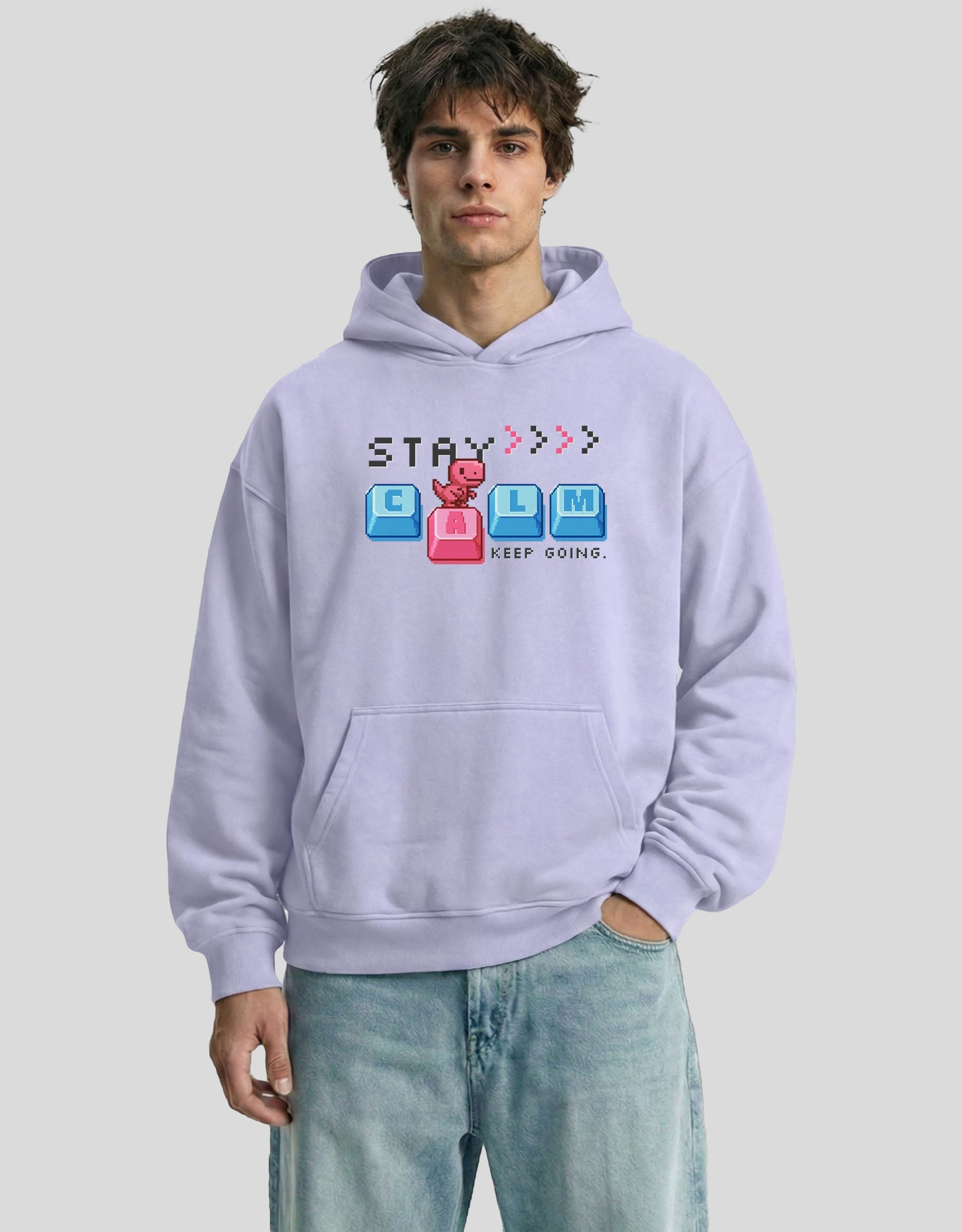 Lavender STAY CALM oversized hoodie front view with keyboard graphic - premium cotton Heistt streetwear