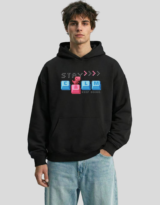 Black STAY CALM oversized hoodie front view with keyboard graphic - premium cotton Heistt streetwear