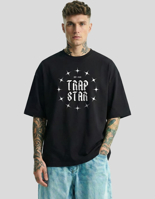 Black oversized graphic tee with TRAP STAR text and stars print - Heistt streetwear