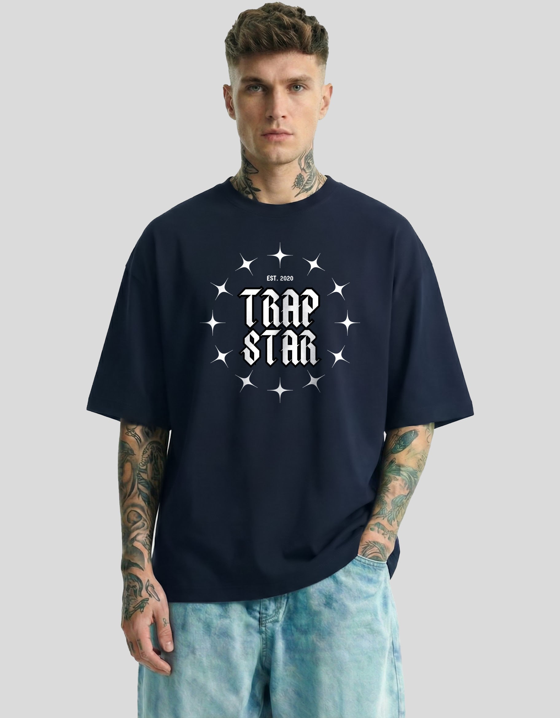 Navy blue oversized graphic tee with TRAP STAR text and stars print - Heistt streetwear