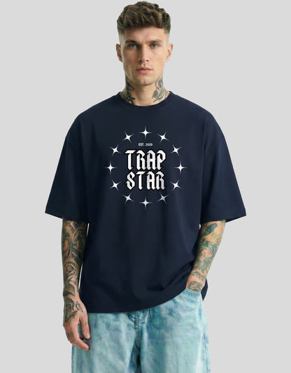 Navy blue oversized graphic tee with TRAP STAR text and stars print - Heistt streetwear