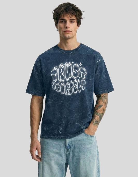 Neptune fade cloud oversized tee front view with TRUST YOURSELF graphic - acid washed Heistt streetwear
