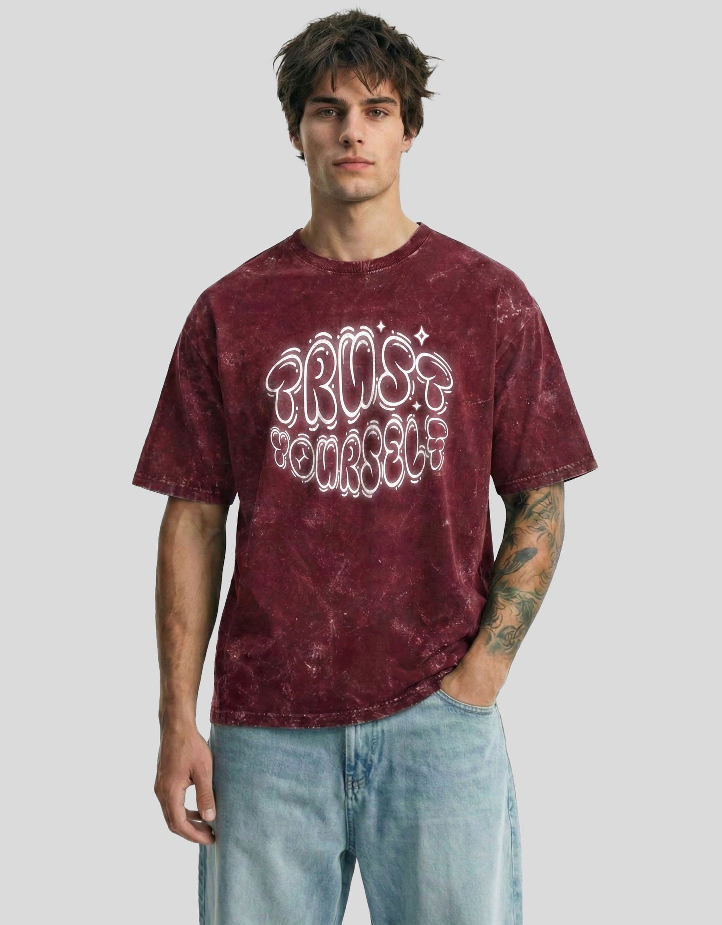 Mars fade cloud oversized tee front view with TRUST YOURSELF graphic - acid washed Heistt streetwear