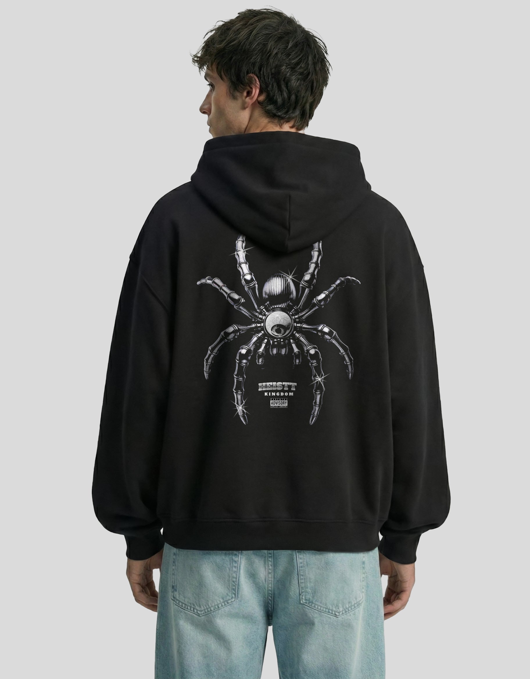 Black WEB oversized hoodie back view with spider web graphic - premium cotton Heistt streetwear