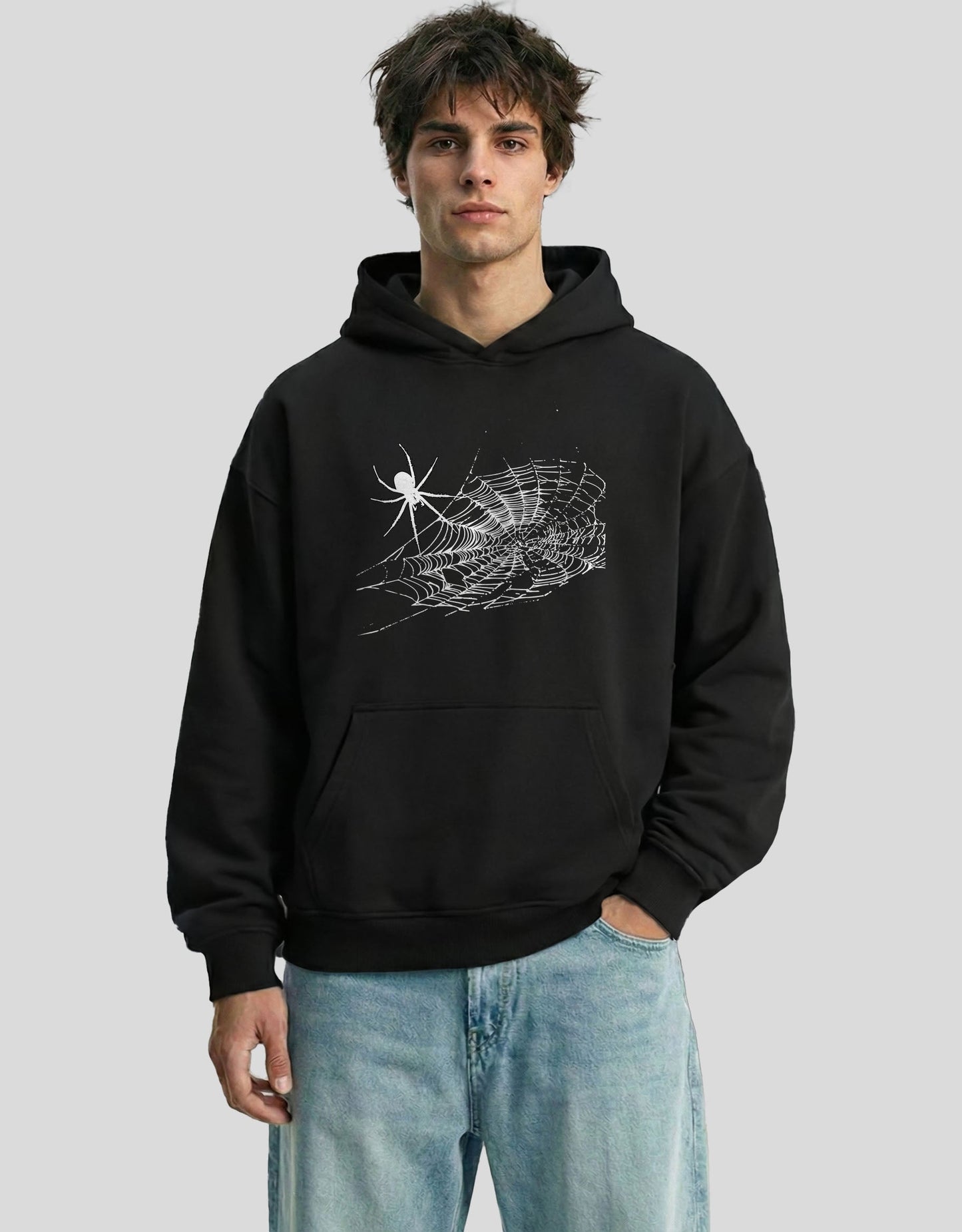 Black WEB oversized hoodie front view with spider web graphic - premium cotton Heistt streetwear